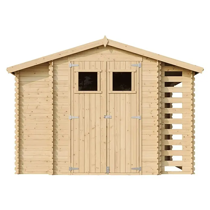 Timbela Gerätehaus M389 - Außenmaß inkl. Dachüberstand (B x T): 328 x 206 cm, Holz, Natur, Ohne Fußboden - Abbildung eines Holzschuppens mit Doppeltür und zwei Fenstern. Ideal für die Gartenaufbewahrung mit rustikalem Charme.