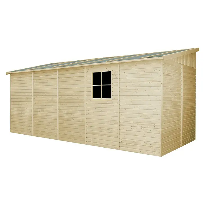 Timbela Gerätehaus M341A - Außenmaß inkl. Dachüberstand (B x T): 218 x 514 cm, Holz, Natur, Ohne Fußboden - Außenansicht eines hellen Holzschuppens mit Fenster und schrägem Dach auf schwarzem Hintergrund.