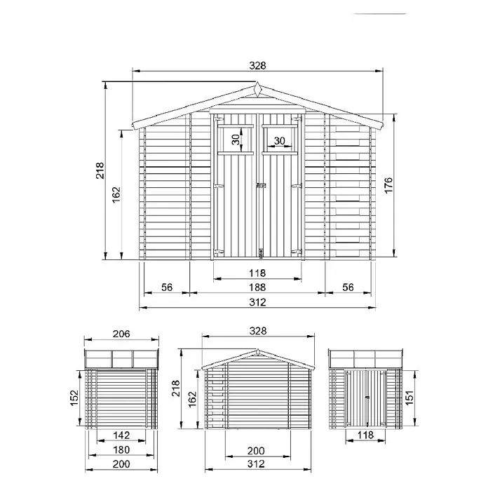 Timbela Gerätehaus M389C - Außenmaß inkl. Dachüberstand (B x T): 328 x 206 cm, Holz, Natur, Ohne Fußboden - Technische Zeichnung eines Gartenhauses mit allen Abmessungen für eine detaillierte Produktansicht.