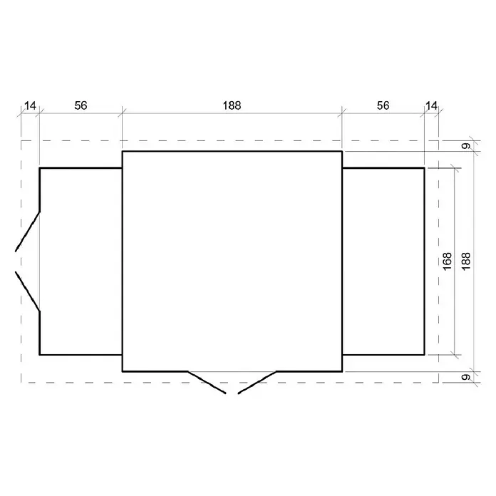 Timbela Gerätehaus M389 - Außenmaß inkl. Dachüberstand (B x T): 328 x 206 cm, Holz, Natur, Ohne Fußboden - Eine schematische Darstellung einer architektonischen Grundrisszeichnung mit Maßen und Details für Baupläne.
