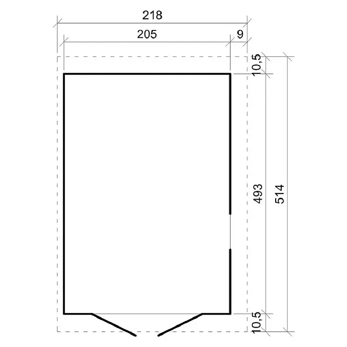 Timbela Gerätehaus M341A - Außenmaß inkl. Dachüberstand (B x T): 218 x 514 cm, Holz, Natur, Ohne Fußboden - Diese Abbildung zeigt eine technische Zeichnung eines Gebäude Grundrisses mit Bemaßungen für Bauzwecke.