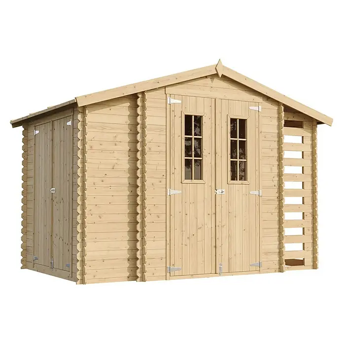 Timbela Gerätehaus M389C - Außenmaß inkl. Dachüberstand (B x T): 328 x 206 cm, Holz, Natur, Ohne Fußboden - Eine Detailaufnahme eines hellen Holzschuppens mit Doppeltüren und kleinen Fenstern, ideal zur Gartenaufbewahrung.