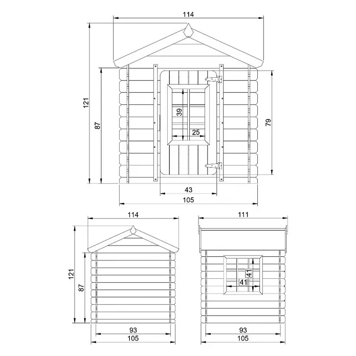 Timbela Spielhaus - L x B x H: 111 x 114 x 121 cm, Holz, Natur/Grün - Abbildung eines Blockhauses mit detaillierten Maßangaben, die die Abmessungen und Proportionen des Designs hervorheben.