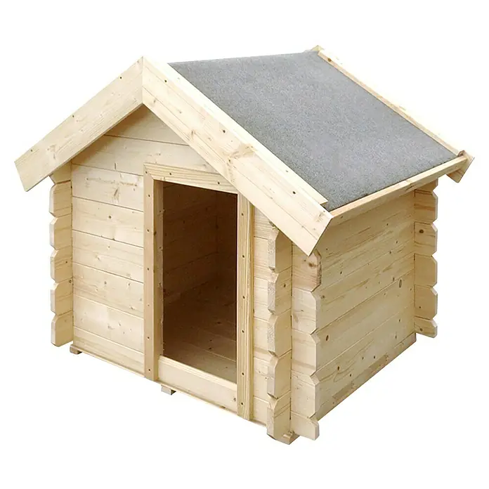 Timbela Hundehütte M401-1 - 73 x 83 x 80 cm, Holz - Hölzerne Hundehütte mit Satteldach und grauem Belag. Die Hundehütte bietet einen sicheren Unterschlupf für Haustiere im Freien.