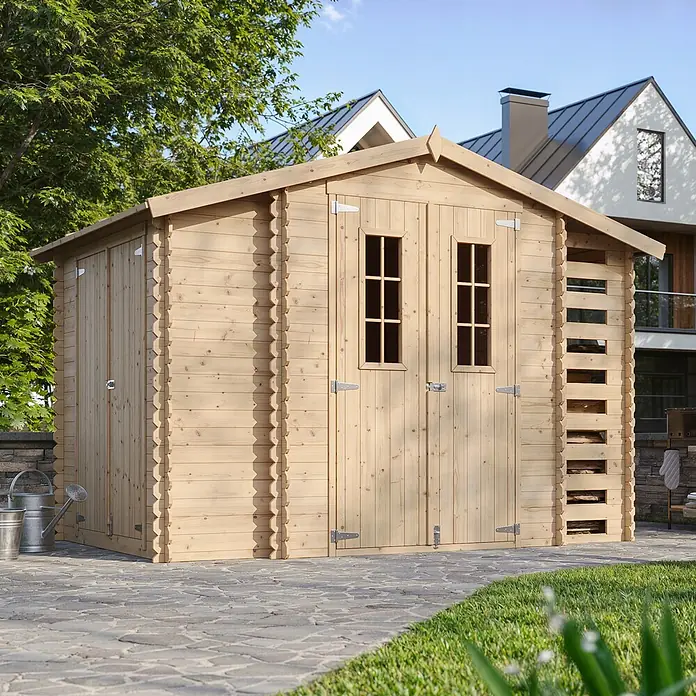 Timbela Gerätehaus M389C - Außenmaß inkl. Dachüberstand (B x T): 328 x 206 cm, Holz, Natur, Ohne Fußboden - Ein großes Holzgartenhaus mit Doppeltüren und kleinen Fenstern, ideal für die Aufbewahrung von Gartengeräten und mehr.