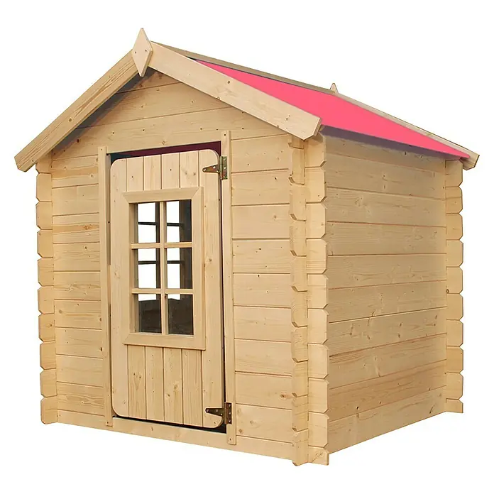 Timbela Spielhaus - L x B x H: 111 x 114 x 121 cm, Holz, Natur/Rosa - Geräumiges Holzspielhaus mit rotem Dach, ideal für stundenlangen Spielspaß im Freien. Das Spielhaus bietet Kindern einen sicheren Ort zum Spielen.