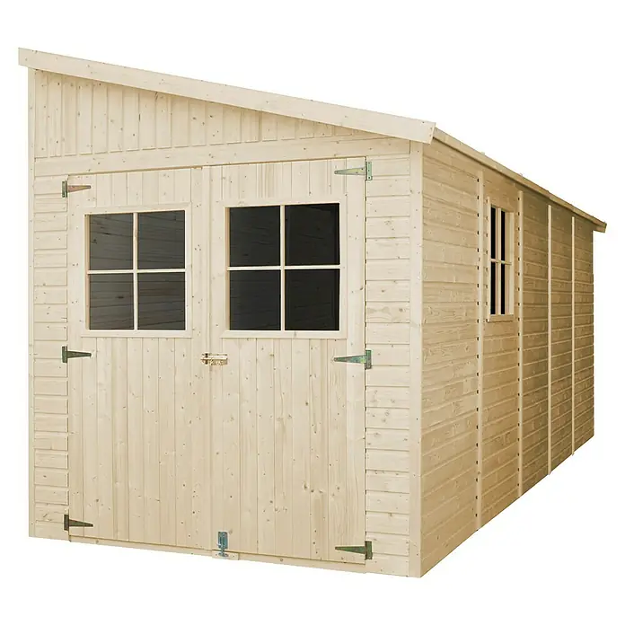 Timbela Gerätehaus M341A - Außenmaß inkl. Dachüberstand (B x T): 218 x 514 cm, Holz, Natur, Ohne Fußboden - Holzschuppen mit Doppeltür und Fenstern. Ideal für die Aufbewahrung von Gartengeräten und -möbeln.