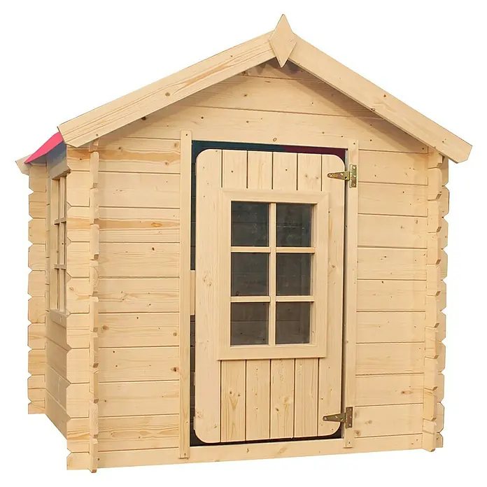 Timbela Spielhaus - L x B x H: 111 x 114 x 121 cm, Holz, Natur/Rosa - Ein detailreiches Bild eines Holzspielhauses mit einer Tür mit Fenster und einem Giebeldach.