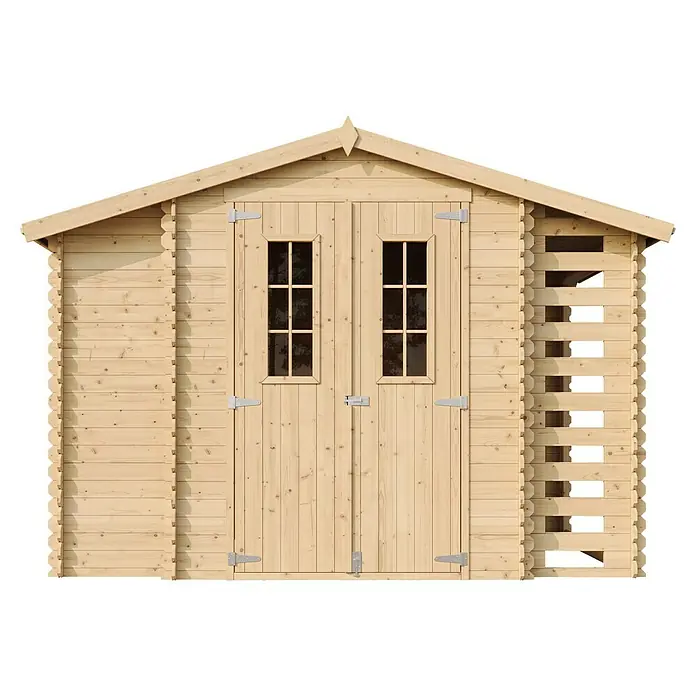 Timbela Gerätehaus M389C - Außenmaß inkl. Dachüberstand (B x T): 328 x 206 cm, Holz, Natur, Ohne Fußboden - Außenansicht eines hellen Holzgartenhauses mit Doppeltür und kleinen Fenstern. Ideal für die Aufbewahrung von Gartengeräten.