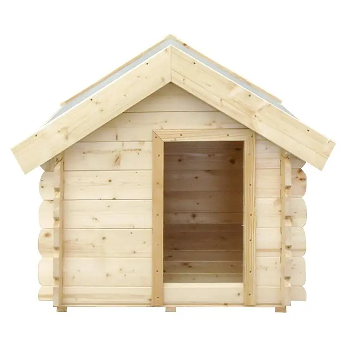 Timbela Hundehütte M401-1 - 73 x 83 x 80 cm, Holz - Detailaufnahme eines Holzgartenhauses, das die natürliche Holzmaserung und die einfache Türöffnung hervorhebt.