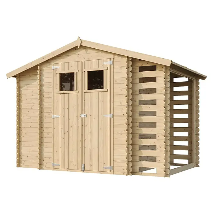 Timbela Gerätehaus M389 - Außenmaß inkl. Dachüberstand (B x T): 328 x 206 cm, Holz, Natur, Ohne Fußboden - Holzgartenhaus mit Doppeltür und Fenstern, ideal zur Aufbewahrung von Gartengeräten und als Rückzugsort im Freien.