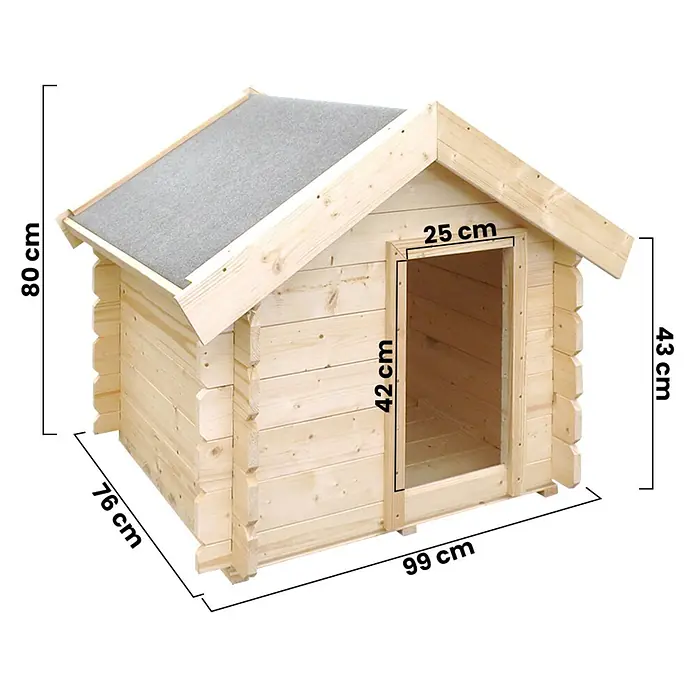 Timbela Hundehütte M401-1 - 73 x 83 x 80 cm, Holz - Bild eines Holz-Hundehauses mit Abmessungen.