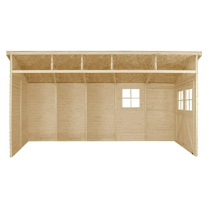 Timbela Gerätehaus M341 - Außenmaß inkl. Dachüberstand (B x T): 216 x 513 cm, Holz, Natur, Ohne Fußboden - Innenansicht eines Holzschuppens mit Fenster und Tür, der die Holzkonstruktion und das Dach zeigt.