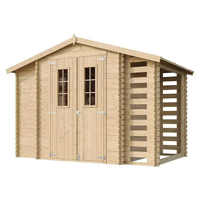 Timbela Gerätehaus M389C - Außenmaß inkl. Dachüberstand (B x T): 328 x 206 cm, Holz, Natur, Ohne Fußboden - Ein helles Holzgartenhaus mit Satteldach, Doppeltür mit Fenstern und einer offenen Veranda bietet vielseitigen Stauraum im Garten.