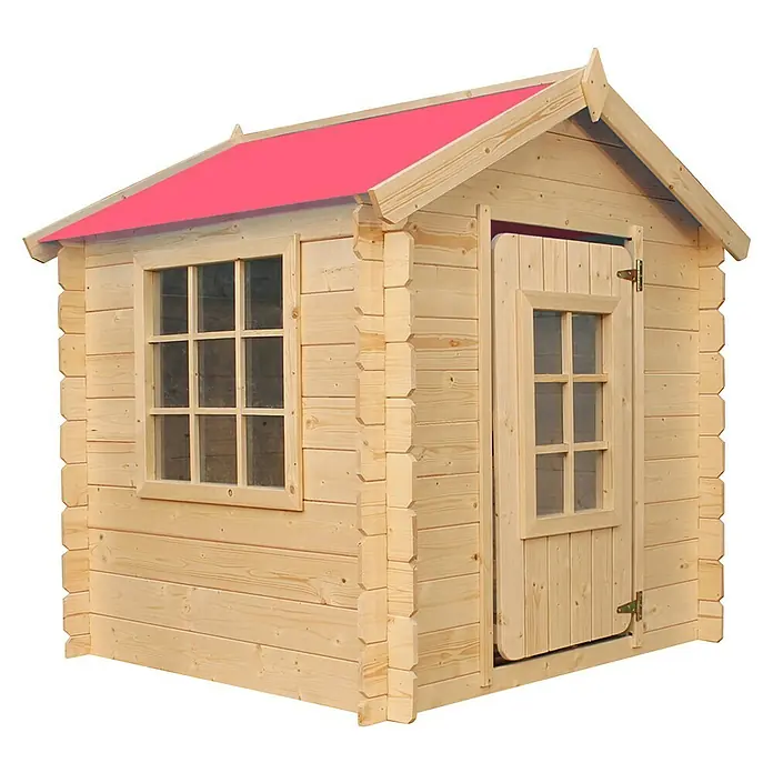 Timbela Spielhaus - L x B x H: 111 x 114 x 121 cm, Holz, Natur/Rosa - Ein entzückendes Holzspielhaus mit einem roten Dach, ideal für stundenlangen Spielspaß im Freien. Perfekt für kreative Kinder.