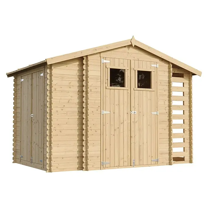 Timbela Gerätehaus M389 - Außenmaß inkl. Dachüberstand (B x T): 328 x 206 cm, Holz, Natur, Ohne Fußboden - Ein naturbelassenes Holzgartenhaus mit Doppeltür und Fenstern. Das Gartenhaus ist ideal für die Aufbewahrung von Gartengeräten.