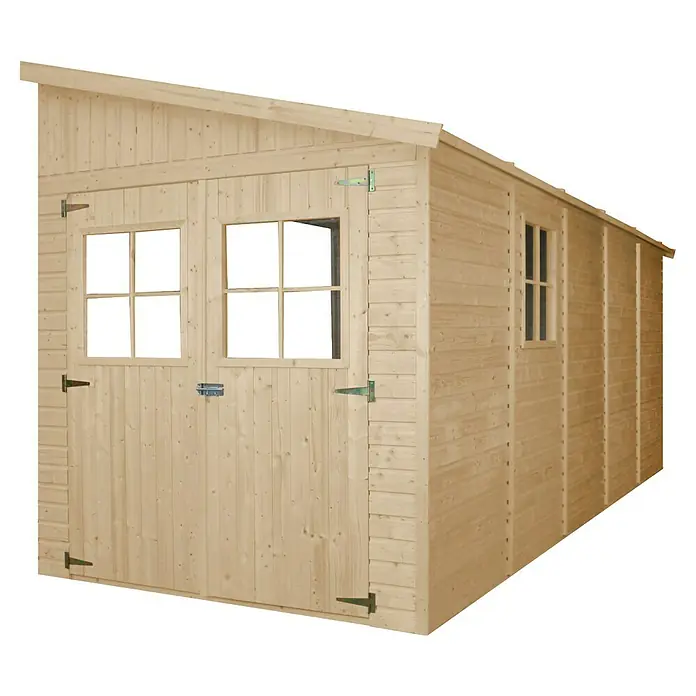 Timbela Gerätehaus M341 - Außenmaß inkl. Dachüberstand (B x T): 216 x 513 cm, Holz, Natur, Ohne Fußboden - Nahaufnahme eines Holzgartenhauses mit Doppeltür und Fenstern, ideal für die Aufbewahrung von Gartengeräten und mehr.