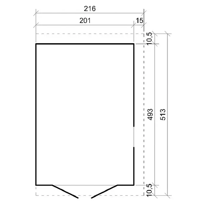 Timbela Gerätehaus M341 - Außenmaß inkl. Dachüberstand (B x T): 216 x 513 cm, Holz, Natur, Ohne Fußboden - Grundrisszeichnung eines Hauses mit Maßangaben, die die Abmessungen des Gebäudes und seiner einzelnen Teile zeigen.