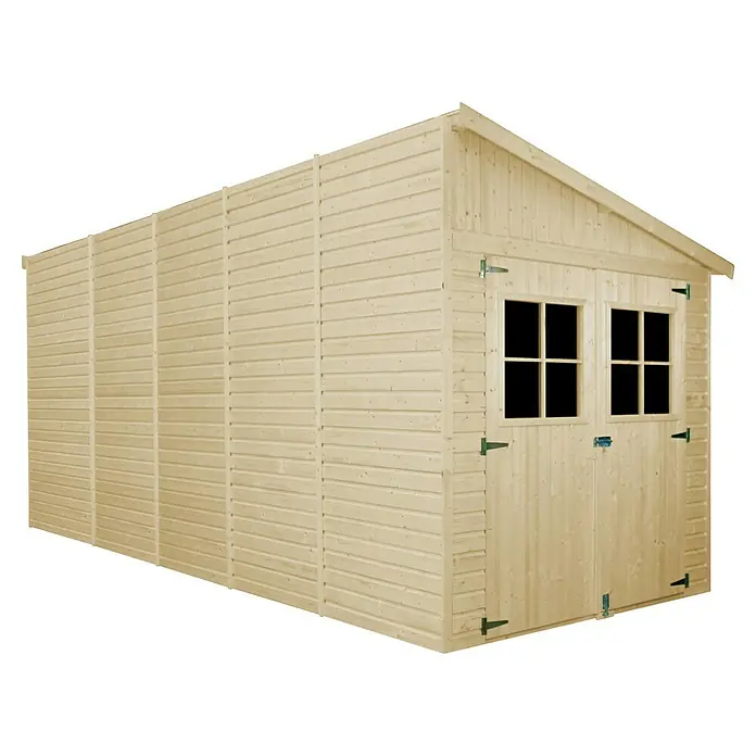 Timbela Gerätehaus M341A - Außenmaß inkl. Dachüberstand (B x T): 218 x 514 cm, Holz, Natur, Ohne Fußboden - Eine große, unbehandelte Holzgartenhütte mit Doppeltür und zwei Fenstern, ideal für die Lagerung von Gartengeräten und Werkzeugen.