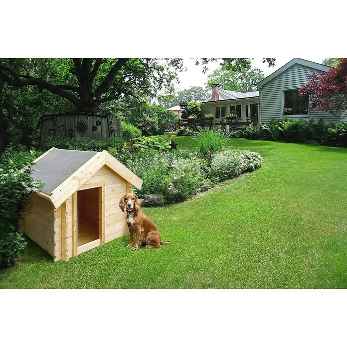 Timbela Hundehütte M401-1 - 73 x 83 x 80 cm, Holz - Ein Holz-Hundehaus mit einem braunen Cocker Spaniel davor in einem üppigen Garten mit einem Haus im Hintergrund.