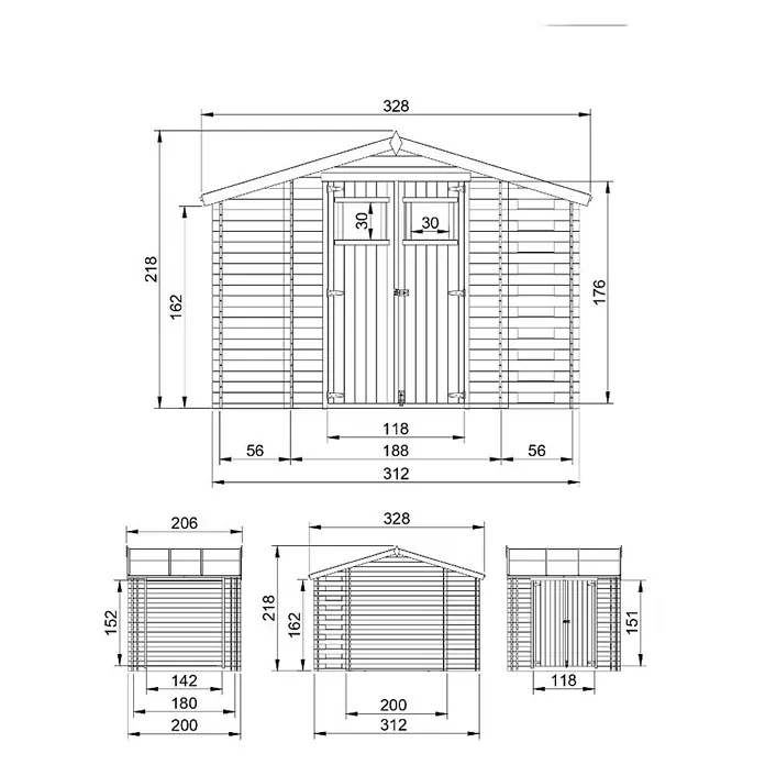 Timbela Gerätehaus M389 - Außenmaß inkl. Dachüberstand (B x T): 328 x 206 cm, Holz, Natur, Ohne Fußboden - Abbildung eines Gartenhauses mit den Maßen 328 x 312 x 218 cm, inklusive detaillierter Seitenansichten und Türdetails.