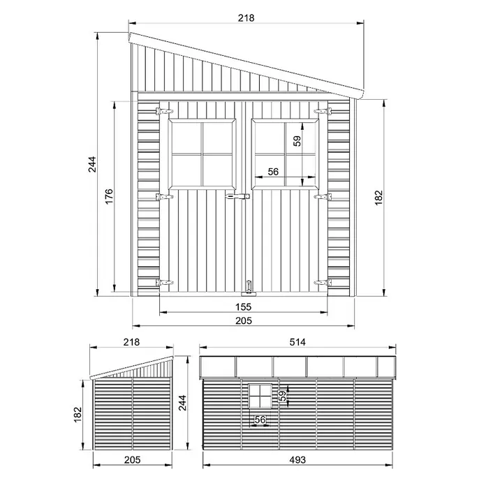 Timbela Gerätehaus M341A - Außenmaß inkl. Dachüberstand (B x T): 218 x 514 cm, Holz, Natur, Ohne Fußboden - Ansicht eines Gartenhauses mit Maßangaben, das Design und Abmessungen für den Aufbau verdeutlicht.