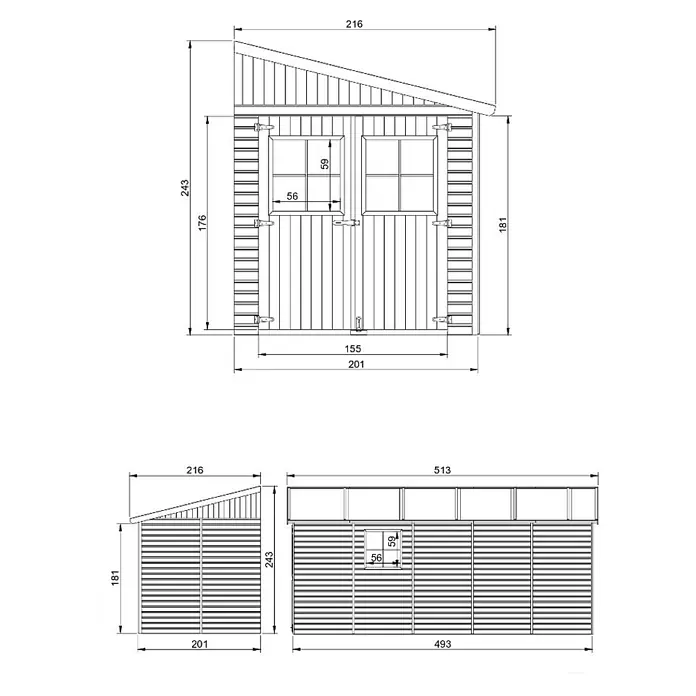Timbela Gerätehaus M341 - Außenmaß inkl. Dachüberstand (B x T): 216 x 513 cm, Holz, Natur, Ohne Fußboden - Technische Zeichnung eines Gartenhauses mit Maßen, die die Höhe, Breite und Tiefe des Hauses angeben.