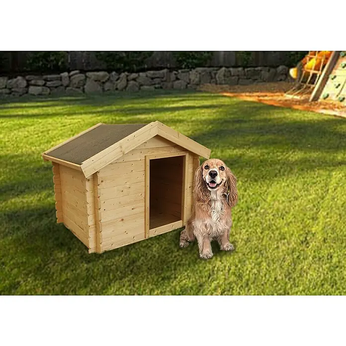 Timbela Hundehütte M401-1 - 73 x 83 x 80 cm, Holz - Ein fröhlicher Cocker Spaniel sitzt vor seiner neuen, hellen Holzhütte im Garten. Ideal für Haustiere.