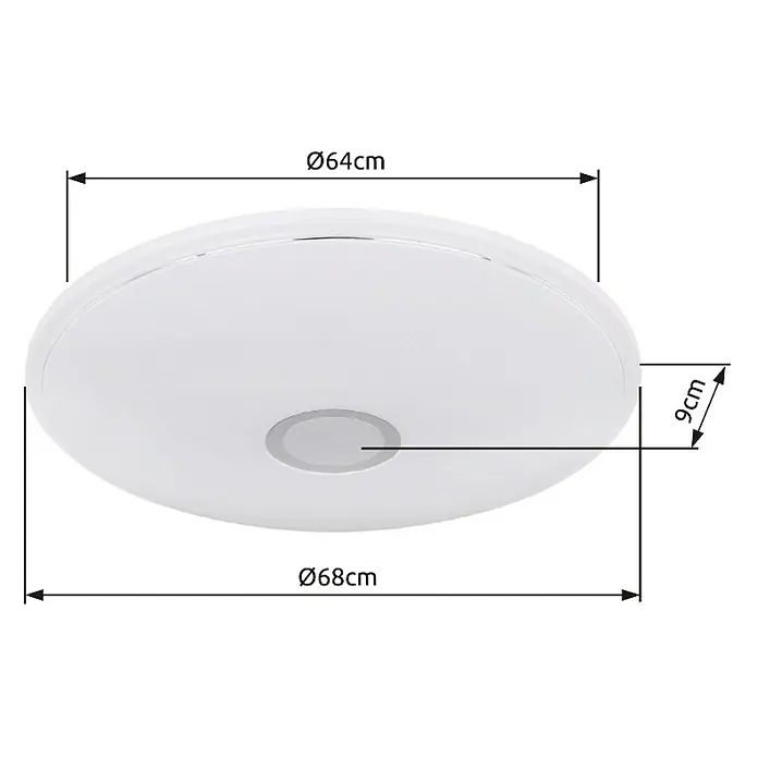 Globo LED-Deckenleuchte rund Connor - 30 W, Ø x H: 680 cm x 90 mm, Weiß, RGB - Abbildung einer runden LED-Deckenleuchte in Weiß mit den Maßen Ø64cm und Ø68cm, Höhe 9cm.