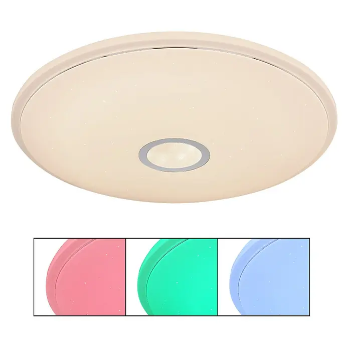 Globo LED-Deckenleuchte rund Connor - 30 W, Ø x H: 680 cm x 90 mm, Weiß, RGB - Das Bild zeigt eine moderne LED-Deckenleuchte in Weiß mit verschiedenen Farboptionen. Die Leuchte hat ein elegantes, schlichtes Design.