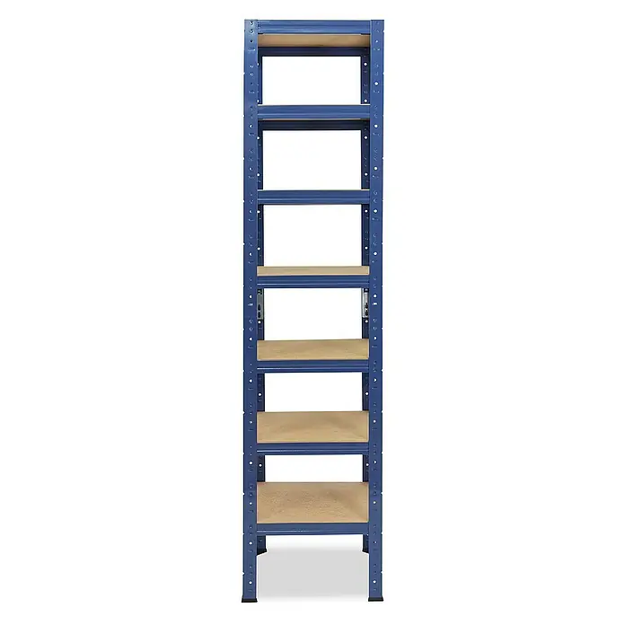 shelfplaza Schwerlastregal HOME - H x B x T: 230 x 40 x 40 cm, Traglast pro Boden: 175 kg, Stecken, blau - Ein hochformatiges Bild eines blauen Metallregals mit sechs Regalböden aus Holz, das auf einem weißen Hintergrund steht.