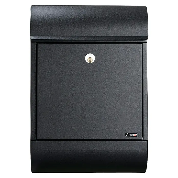 Allux Standbriefkasten 8900 - L x B x H: 160 x 340 x 500 mm, Schwarz, Stahl - Nahaufnahme eines schwarzen Allux Briefkastens mit Schlüsselloch und dem Allux-Logo, der ein elegantes und sicheres Design für den Postempfang bietet.