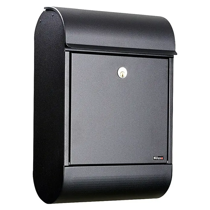 Allux Standbriefkasten 8900 - L x B x H: 160 x 340 x 500 mm, Schwarz, Stahl - Nahaufnahme eines schwarzen Allux Briefkastens mit abgerundeten Kanten und einem Schlüsselloch in der Mitte.