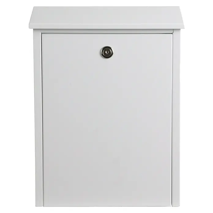 Allux Briefkasten 200 - L x B x H: 140 x 280 x 390 mm, Weiß, Stahl - Eine Nahaufnahme eines weißen Briefkastens mit einem Schloss in der Mitte der Klappe.