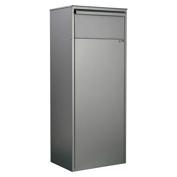Allux Paketbox 800 - L x B x H: 280 x 390 x 980 mm, Anthrazit, Stahl, Paketfach, Entnahme: Hinten - Eine moderne, graue Paketbox von Alubox, ideal für sichere Lieferungen. Das schlichte Design passt zu jedem Eingangsbereich und bietet viel Stauraum.
