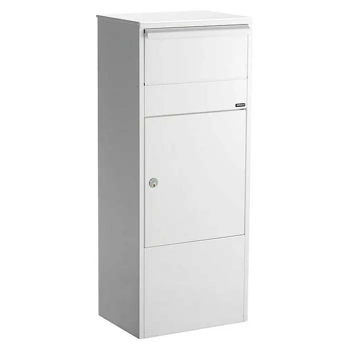 Allux Paketbox 800 - L x B x H: 280 x 390 x 980 mm, Weiß, Stahl, Entnahme: Vorne - Standbriefkasten aus weißem Stahl. Der Briefkasten ist abschließbar und bietet viel Platz für Post und Pakete.