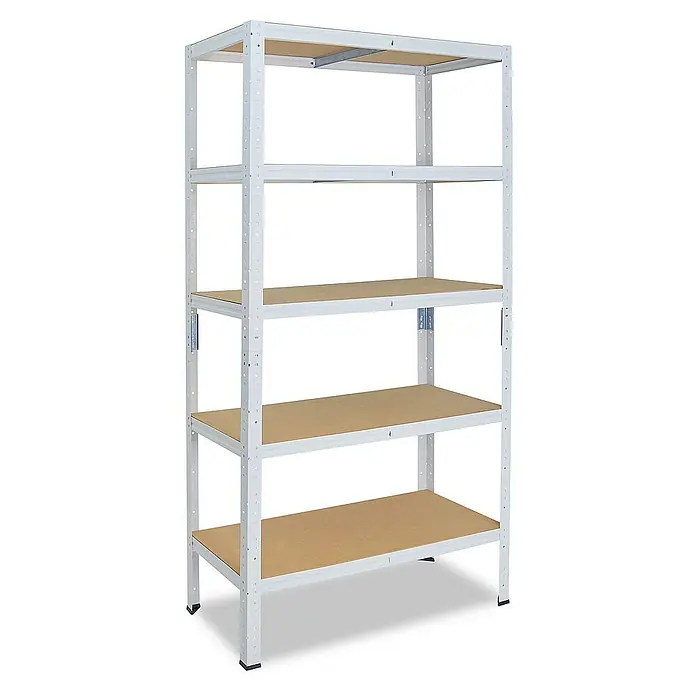 shelfplaza Schwerlastregal HOME - H x B x T: 200 x 80 x 30 cm, Traglast pro Boden: 175 kg, Stecken, weiß - Ein stabiles, weißes Metallregal mit fünf Regalböden aus Holz für Lagerzwecke, ideal für Keller oder Garage. Robuste Konstruktion für hohe Belastbarkeit.