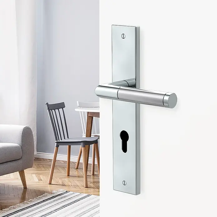 Diamond Doors Creative Drückergarnitur Louisiana - Stärke Tür: 38 mm - 45 mm, Edelstahl, L-Form, Profilzylinder - Türbeschlag mit einem modernen, rechteckigen Design aus glänzendem Edelstahl, passend für eine stilvolle Inneneinrichtung.