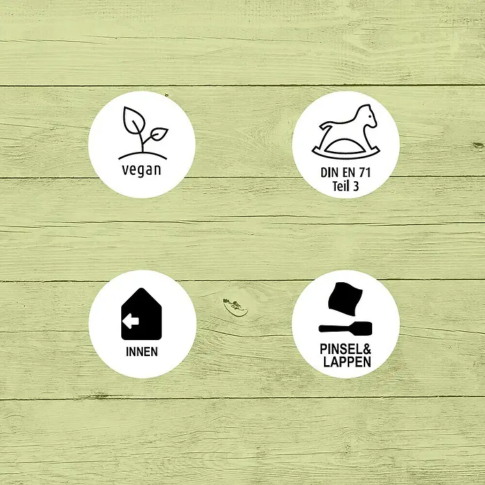 Ultra Nature BIO Hartöl - Weiß, 0,25 l - Abbildung von vier Logos, die die Eigenschaften des Produkts zeigen: vegan, DIN EN 71 Teil 3, für den Innenbereich, Pinsel & Lappen.