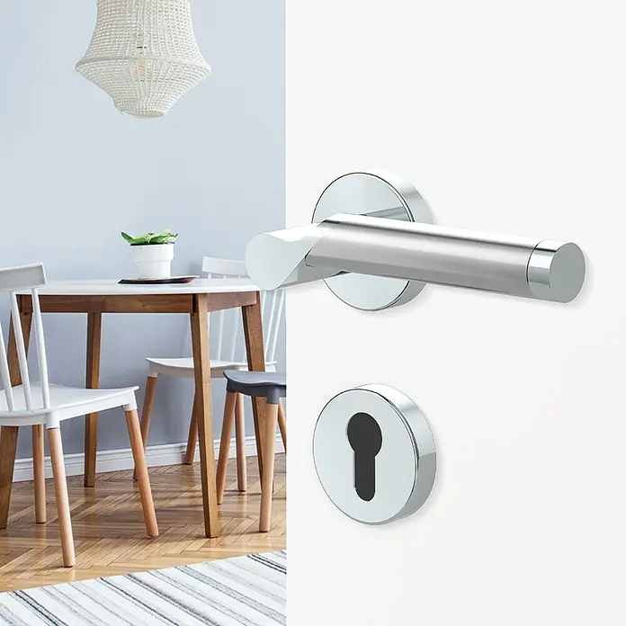 Diamond Doors Creative Drückergarnitur Alabama - Edelstahl, Profilzylinder - Elegantes Türbeschlag-Set mit einem modernen Türgriff und einem Schlüsselloch in glänzendem Chrom-Finish.