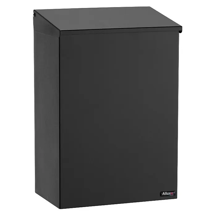 Allux Briefkasten 100 - L x B x H: 155 x 260 x 390 mm, Schwarz, Stahl - Hier ist eine Nahaufnahme eines schwarzen Allux-Briefkastens. Das schlanke Design und die robuste Konstruktion machen ihn ideal für den Außenbereich.