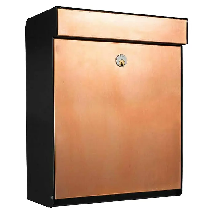 Allux Briefkasten Grundform - L x B x H: 180 x 345 x 440 mm, Schwarz / Kupfer, Stahl - Kupferfarbener Wandbriefkasten mit schwarzem Gehäuse und Schloss für sichere Postzustellung. Robustes und stilvolles Design für den Außenbereich.