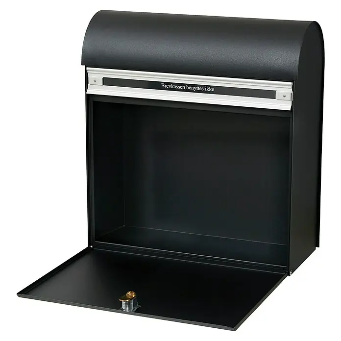 Allux Briefkasten KS200 - L x B x H: 170 x 400 x 445 mm, Schwarz, Stahl, Namensschild - Geöffneter, schwarzer Briefkasten mit dem Aufdruck "Brevkassen benyttes ikke" und einem sichtbaren Schloss im unteren Bereich.