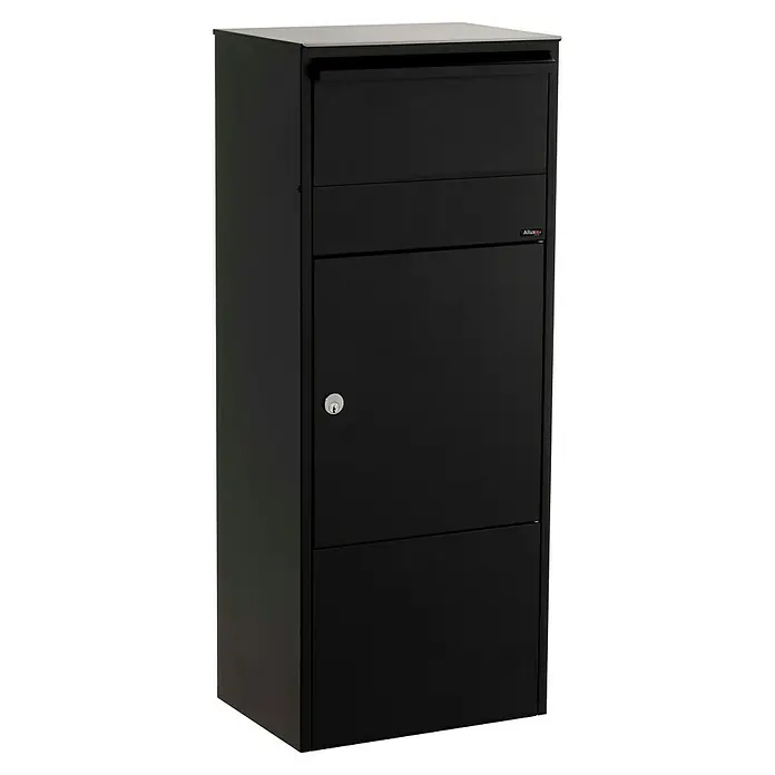 Allux Paketbox 800 - L x B x H: 280 x 390 x 980 mm, Schwarz, Stahl, Paketfach, Entnahme: Vorne - Bild eines freistehenden Alux Briefkastens in Schwarz. Der Briefkasten verfügt über ein abschließbares Fach.