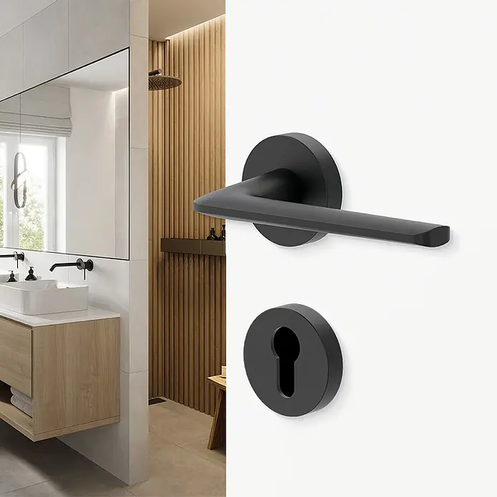 Diamond Doors Black Edition Drückergarnitur Roswell - Stärke Tür: 38 mm - 45 mm, Edelstahl, Schwarz, Profilzylinder - Elegante, mattschwarze Türklinke mit Schlüsselloch-Rosette. Ein stilvolles Detail für moderne Innenräume, das Funktionalität und Design vereint.