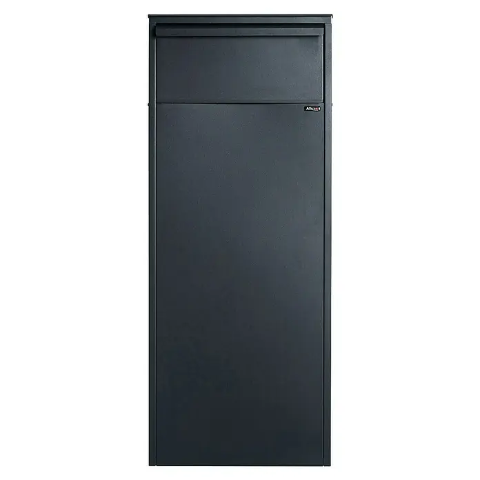 Allux Paketbox 800 - L x B x H: 280 x 390 x 980 mm, Schwarz, Stahl, Paketfach, Entnahme: Hinten - Das Bild zeigt einen modernen Allux Briefkasten in Anthrazit. Er besticht durch sein minimalistisches Design und seine hochwertige Verarbeitung.