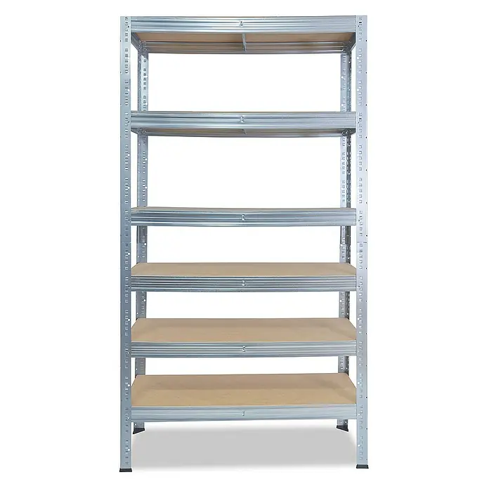 shelfplaza Schwerlastregal PRO - H x B x T: 200 x 100 x 40 cm, Traglast pro Boden: 200 kg, Stecken, verzinkt - Abbildung eines freistehenden Metallregals mit sechs Regalböden für Lagerzwecke.