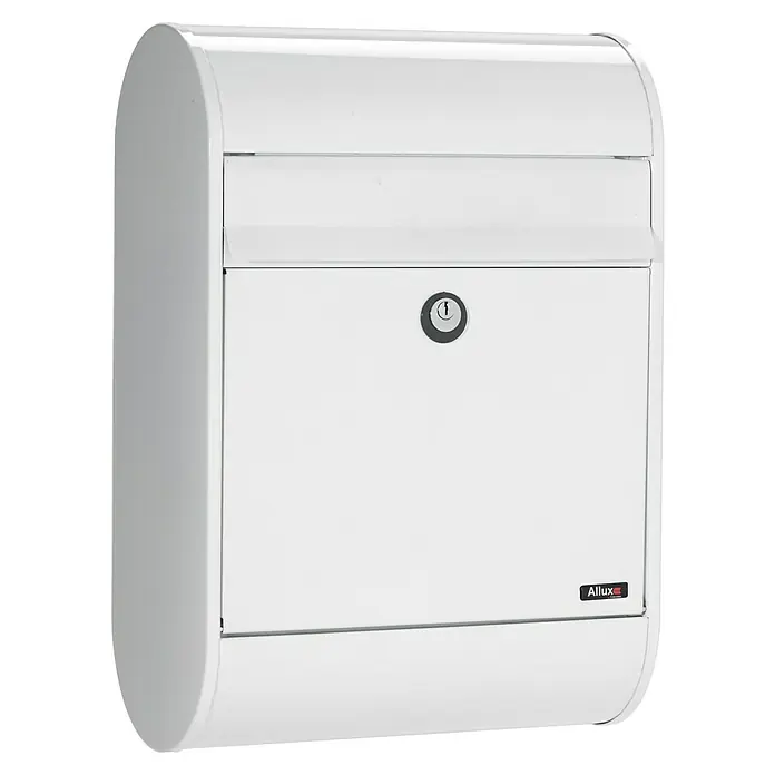Allux Standbriefkasten 5000 - L x B x H: 160 x 320 x 460 mm, Weiß, Stahl - Ein weißer Allux Briefkasten mit abgerundeten Kanten und einem Schloss in der Mitte. Elegantes Design für den Außenbereich.