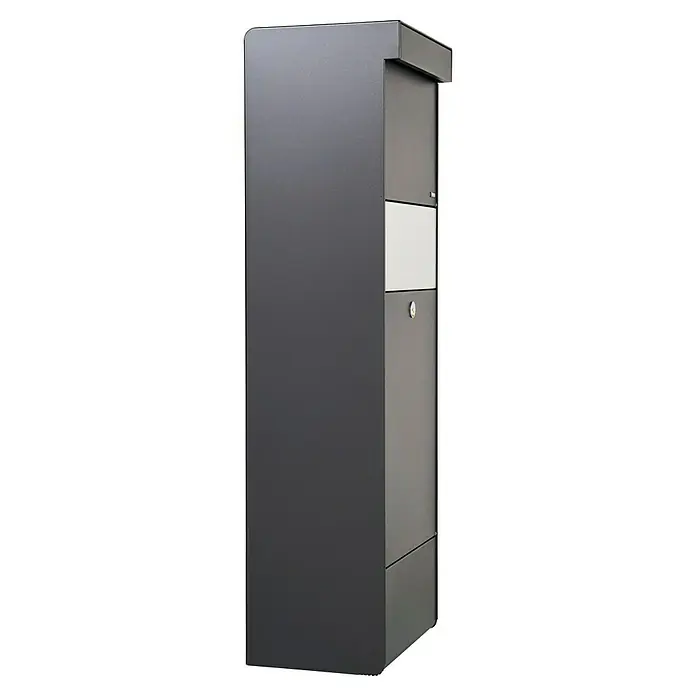 Allux Paketbox Grundform - L x B x H: 28 x 345 x 110 mm, Anthrazit, Stahl, Paketfach - Grauer Briefkasten mit einer hellen Blende und einem Schloss. Er ist modern und funktional gestaltet.