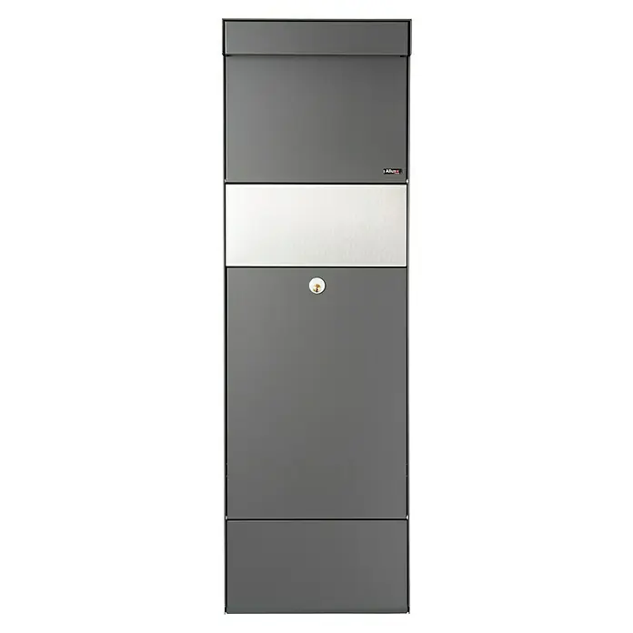 Allux Paketbox Grundform - L x B x H: 28 x 345 x 110 mm, Anthrazit, Stahl, Paketfach - Modern gestalteter grauer Allux Briefkasten mit silbernem Akzentband und Schloss für sicheren Empfang Ihrer Post.